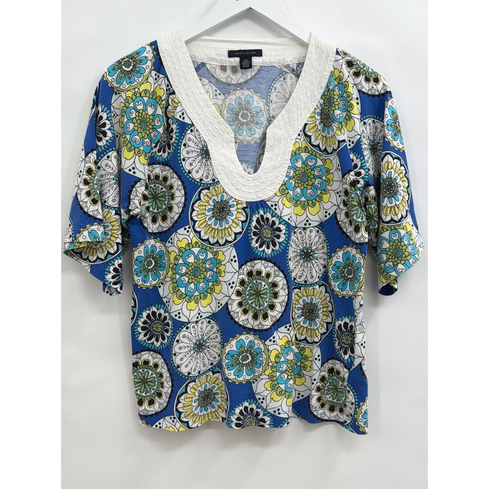 Tommy Hilfiger Blue Floral Medallion Split Neck Top Womens Large Short Sleeve
